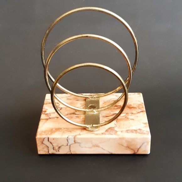 VTG Letter Holder Gadget Stand Pink Marble Brass Rings Art Deco Desk Accessories - Picture 2 of 9